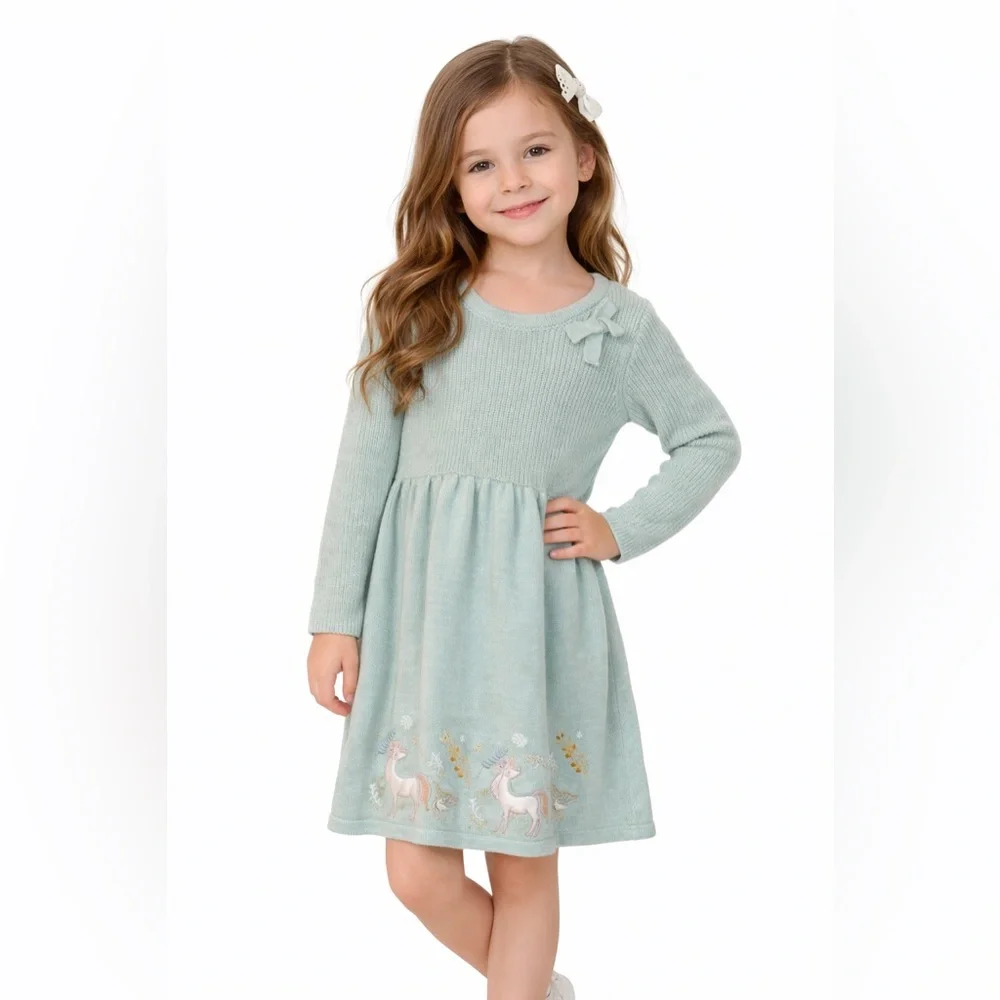 Aspen Girls Unicorn Knit Sweater Dress Sage Green Size 5T